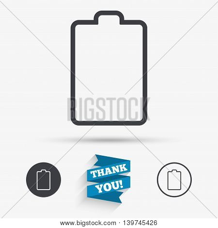 Battery empty sign icon. Low electricity symbol. Flat icons. Buttons with icons. Thank you ribbon. Vector