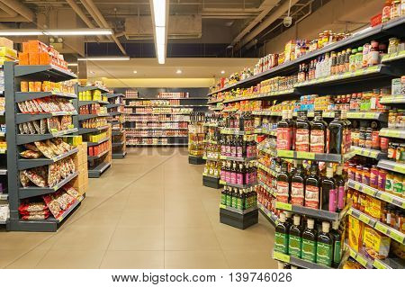 MACAO, CHINA - FEBRUARY 17, 2016: inside of a food store in Macao. Macao is an autonomous territory on the western side of the Pearl River Delta, China.