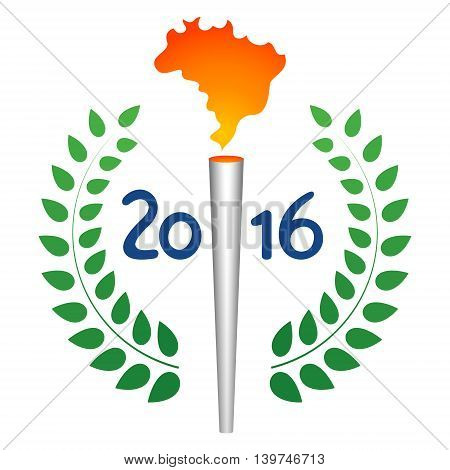 Summer sport games torch with Brazil map flame. Green laurel leaves around blue year number. Original abstract national flag color athlete vector badge concept.