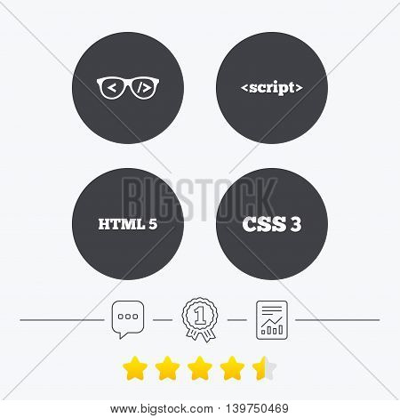 Programmer coder glasses icon. HTML5 markup language and CSS3 cascading style sheets sign symbols. Chat, award medal and report linear icons. Star vote ranking. Vector
