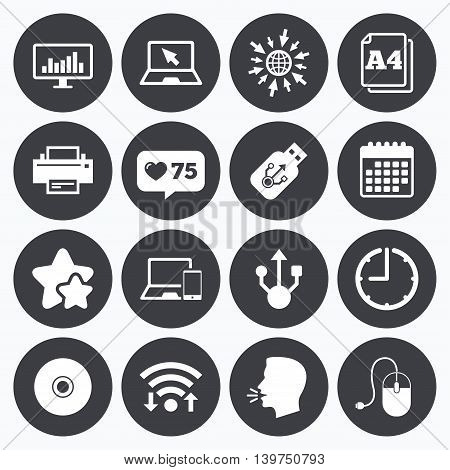 Calendar, wifi and clock symbols. Like counter, stars symbols. Computer devices icons. Printer, laptop signs. Smartphone, monitor and usb symbols. Talking head, go to web symbols. Vector