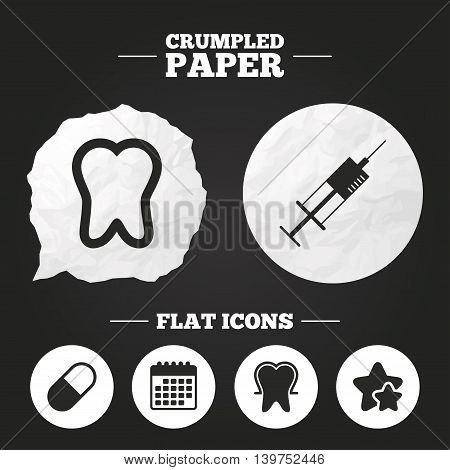 Crumpled paper speech bubble. Tooth enamel protection icons. Medical syringe and pill signs. Medicine injection symbol. Paper button. Vector