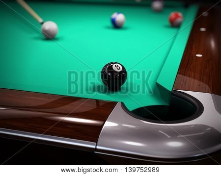 American Pool, Snooker billiard game - strike on the black eighth ball. 3d illustration