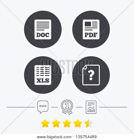 File document and question icons. XLS, PDF and DOC file symbols. Download or save doc signs. Chat, award medal and report linear icons. Star vote ranking. Vector