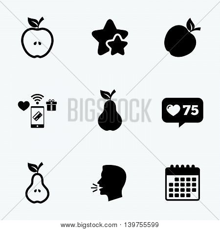 Fruits with leaf icons. Apple and Pear with seeds signs. Natural food symbol. Flat talking head, calendar icons. Stars, like counter icons. Vector