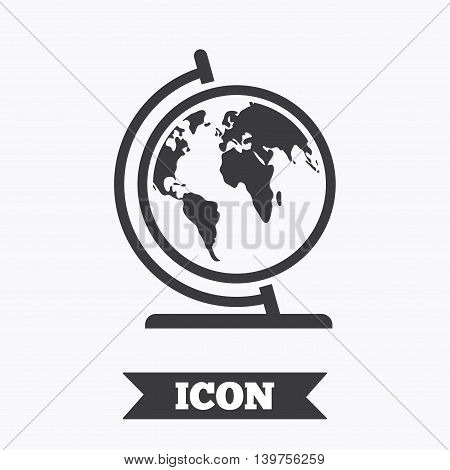 Globe sign icon. World map geography symbol. Globe on stand for studying. Graphic design element. Flat world symbol on white background. Vector