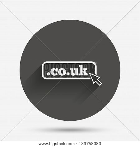 Domain CO.UK sign icon. UK internet subdomain symbol with cursor pointer. Circle flat button with shadow. Vector