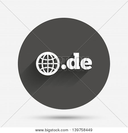 Domain DE sign icon. Top-level internet domain symbol with globe. Circle flat button with shadow. Vector