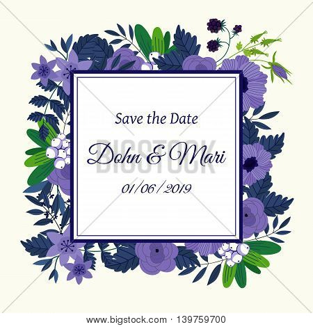 Cute wedding invitation to celebration on card with flowers decoration vector illustration. Wedding invintation card template. Flower leaf bunch. Wedding invintation. Flowers card. Layout of wedding invitation card. Flowers on frame. Wedding invintation d