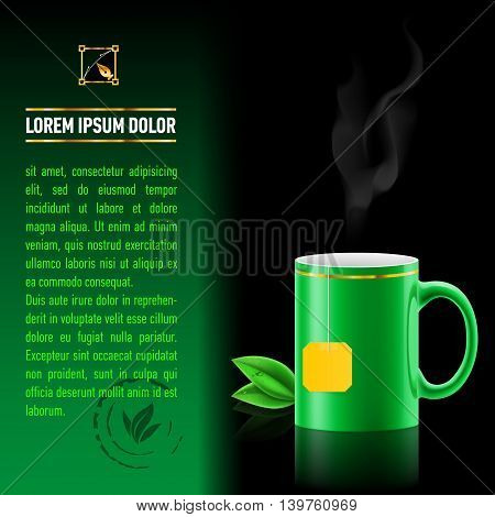 Green cup of tea spewing hot steam. Green leaf tea. Next sheet of paper with the test