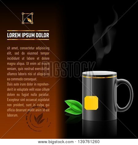 Black cup of tea spewing hot steam. Green leaf tea. Next sheet of paper with the test
