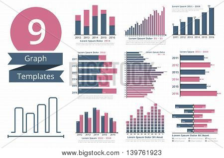Graphs and charts templates for statistics or data visualization, set of 9 infographic templates for reports and presentations, vector eps10 illustration
