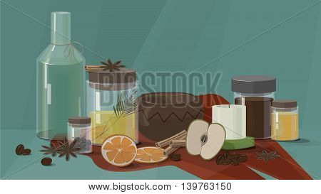 Spa set for body care and hair with apple , coffee and orange