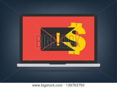 Computer laptop got blackmail ransom latter request money for paying importance data on desktop background. Vector illustration technology data privacy and security concept.
