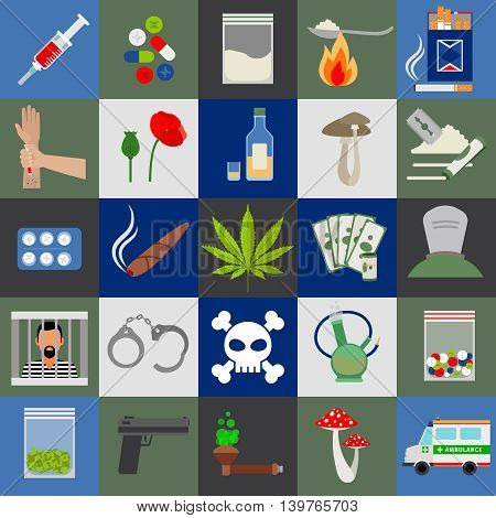 Alcohol, drugs and tabac colored flat vector icons