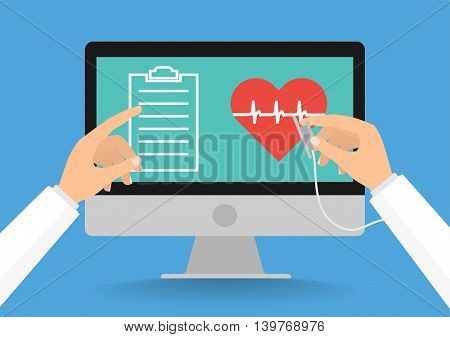 Doctor's hands with stethoscope and pointing computer screen for telemedicine concept on blue background. Vector illustration healthcare on internet of think technology trend.