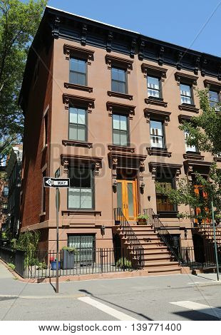 BROOKLYN, NEW YORK - JULY 19, 2016: New York City brownstones at historic Brooklyn Heights