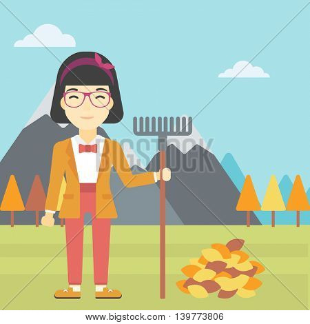 An asian young woman raking autumn leaves. Woman with rake standing near tree and heap of autumn leaves. Woman tidying autumn leaves in garden. Vector flat design illustration. Square layout.
