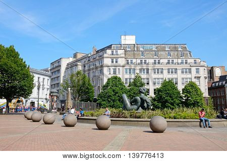 BIRMINGHAM, UNITED KINGDOM - JUNE 6, 2016 - The River fountain statue (The Floozie in the Jacuzzi) in Victoria Square Birmingham England UK Western Europe, June 6, 2016.