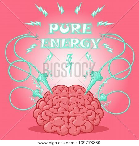 Funny Poster: brain with electrodes energized and text to design a banner or cover device. Cartoon drawing style. Vector illustration.