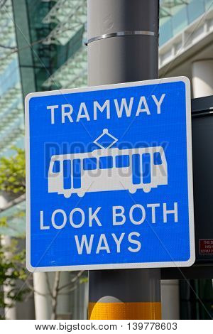 Blue Look Both Ways Tram sign Birmingham England UK Western Europe.