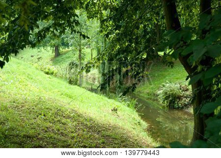 Quiet Green Park With A Small Pond