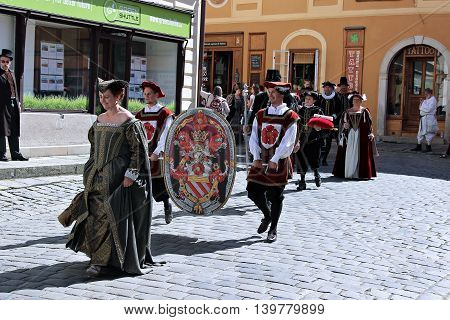 CESKY KRUMLOV, CZECH REPUBLIC - JUNE 18, 2016: Five-petalled Rose Festival on bystreet in Cesky Krumlov
