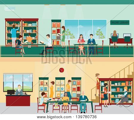 Various character of people in Bookstore or library with bookshelves adult and teenager business people and wheel chair of disabled woman vector illustration.