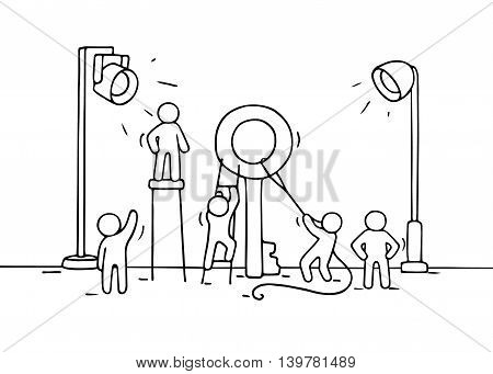 Sketch of working little people with big key. Doodle cute miniature scene of workers with discovery concept. Hand drawn cartoon vector illustration for business design and infographic.