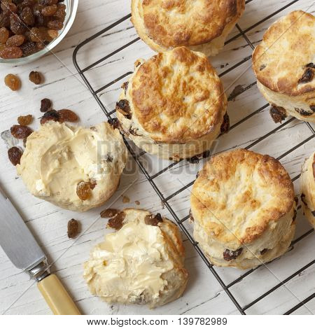 Fruit scones on rack.  Top view.  With sultanas and butter.
