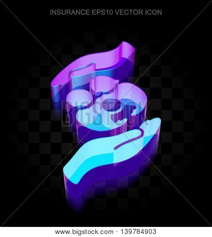 Insurance icon: 3d neon glowing Family And Palm made of glass with transparent shadow on black background, EPS 10 vector illustration.