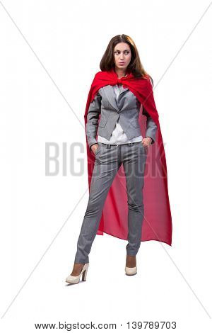 Young superwoman isolated on white
