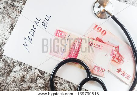 Stethoscope with wording of "Medical Bill" showing expensive healthcare or expensive medical bill with Vietnam Dong Bank Notes