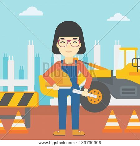An asian engineer with a blueprint at construction site. Woman holding a twisted blueprint and hard hat. Woman checking construction works. Vector flat design illustration. Square layout.