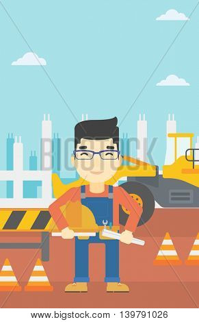An asian engineer with a blueprint at construction site. Man holding a twisted blueprint and hard hat. Man checking construction works. Vector flat design illustration. Vertical layout.