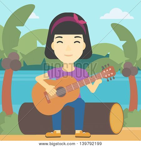 An asian happy musician sitting on log and playing an acoustic guitar. Woman practicing in playing guitar. Guitarist playing on the beach. Vector flat design illustration. Square layout.