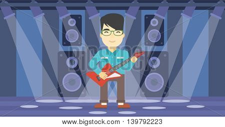 An asian young musician playing electric guitar on the stage of nightclub. Man practicing in playing guitar. Guitarist playing music. Vector flat design illustration. Horizontal layout.