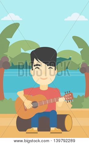 An asian happy musician sitting on log and playing an acoustic guitar. Man practicing in playing guitar. Guitarist playing on the tropical beach. Vector flat design illustration. Vertical layout.