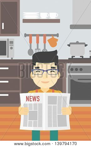 An asian happy man reading the newspaper. Young smiling man reading good news. Man with newspaper in hands on the background of kitchen. Vector flat design illustration. Vertical layout.
