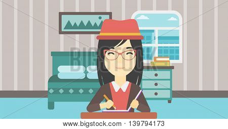 An asian female journalist sitting at the table and writing in notebook with pencil. Female journalist writing notes on the background of bedroom. Vector flat design illustration. Horizontal layout.