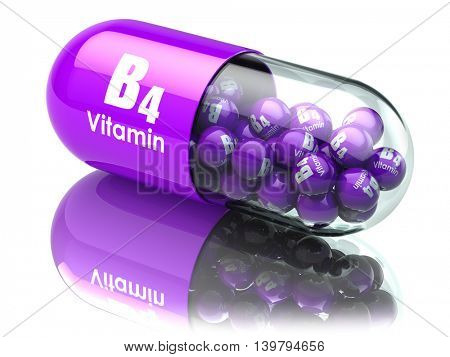 Vitamin B4 capsule or pill. Dietary supplements. 3d illustration