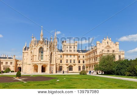 LEDNICE CZECH REPUBLIC - MAY 29 2016: Lednice Palace (17th c.) in Czech Republic former seat of the princes of Liechtenstein. Current view since 1858 architect Georg Wingelmuller. UNESCO site