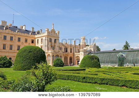 LEDNICE CZECH REPUBLIC - MAY 29 2016: Lednice Palace (17th c.) in Czech Republic former seat of the princes of Liechtenstein. Current view since 1858 architect Georg Wingelmuller. UNESCO site
