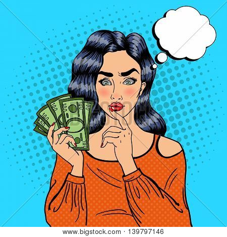 Young Pretty Woman with Money. Girl Thinking How to Spend Money. Pop Art Vector illustration