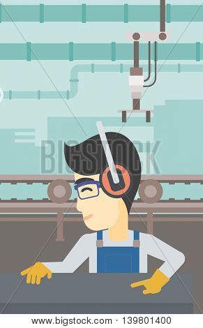 An asian man working on metal press machine. Worker in headphones operating metal press machine at factory workshop. Vector flat design illustration. Vertical layout.