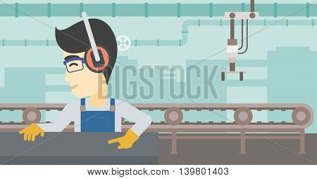 An asian man working on metal press machine. Worker in headphones operating metal press machine at factory workshop. Vector flat design illustration. Horizontal layout.