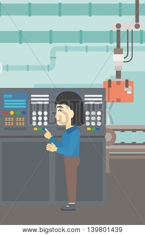 An asian woman working on control panel. Woman pressing button at control panel in plant. Engineer standing in front of the control panel. Vector flat design illustration. Vertical layout.