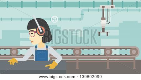 An asian woman working on metal press machine. Worker in headphones operating metal press machine at workshop. Woman using press machine. Vector flat design illustration. Horizontal layout.