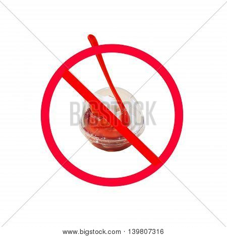 The red circle with slash on ice cream isolated on white background ; Concept for food and sugar dieting to lose weight.