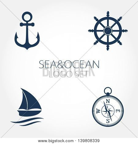 Set of nautical logos, icons ans symbols. Wheel, amchor, compass and ocean boat or yacht set